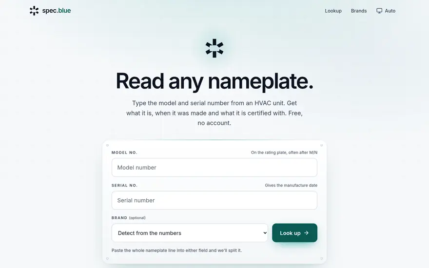 The nameplate lookup on spec.blue